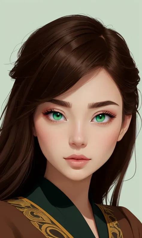 a drawing of a woman with green eyes and brown hair