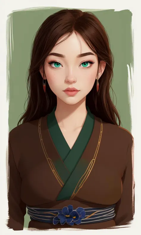 bes2024, best quality, cartoon, flat colors, masterpiece, trending on arstation, closeup, beautiful girl, brown hair, beauty mark, european, focus on eyes, green eyes