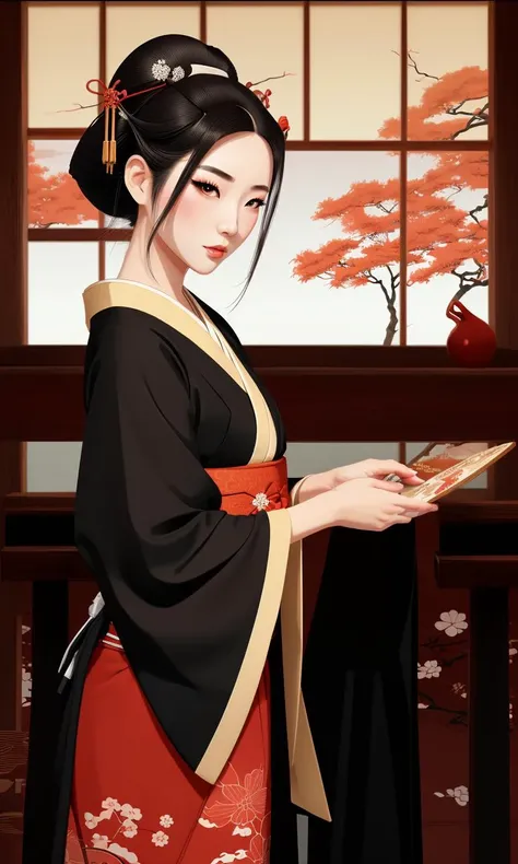 bes2024, best quality, cartoon, flat colors, masterpiece, trending on arstation, 1 girl , geisha, feudal Japan, beautiful, pale skin, kimono