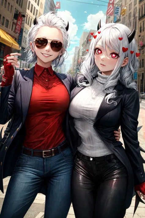 detailed,<lora:modeus:1>, modeus(helltaker),demon horns,red eyes,white hair,heart-shaped pupils,black horns,large breasts,long sleeves,turtleneck,, masterpiece, best quality, ultra-detailed, illustration,