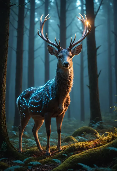 a deer with glowing antlers stands in the woods