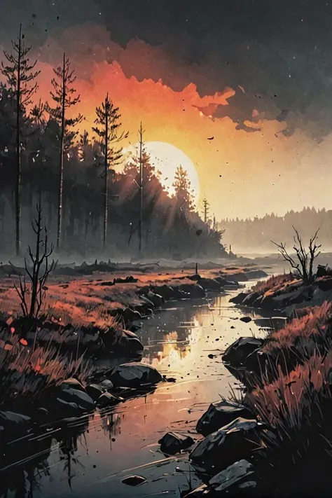 a painting of a river with a sunset in the background