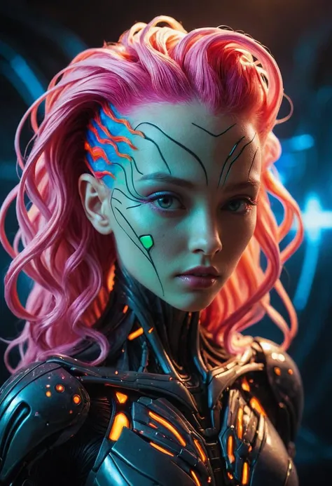 a woman with pink hair and neon makeup in a futuristic suit