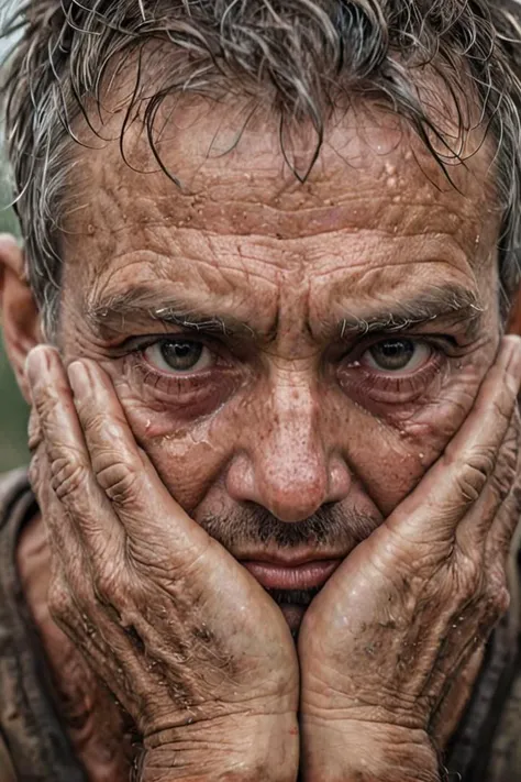 Close-up portrait of a climate refugee, weathered hands clasped, eyes reflecting both despair and unwavering determination. Style: hyperrealistic, natural lighting, shallow depth of field.