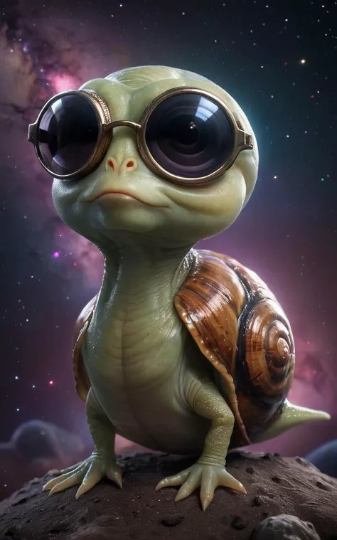 a close up of a small snail wearing sunglasses on a rock