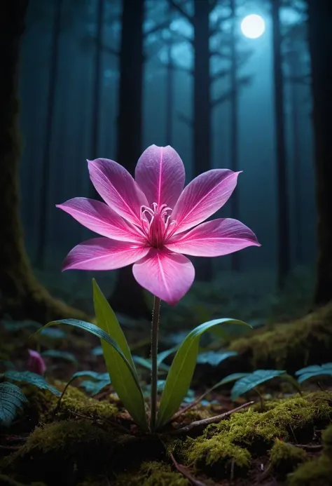 a close up of a pink flower in a forest with a full moon