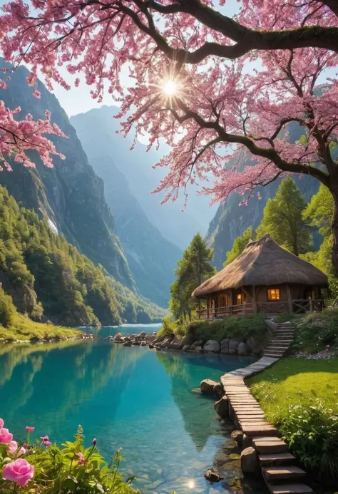 a beautiful view of a lake with a hut and a bridge