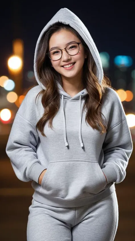 (8k, RAW photo, best quality, masterpiece:1.2), (realistic, photo-realistic:1.37), best quality, ultra high res, photon mapping, radiosity, physically-based rendering, 1girl, ((glasses)), ((hoodie)), ((sweatpants)), naughty face, cute, (laughing), (happy),...