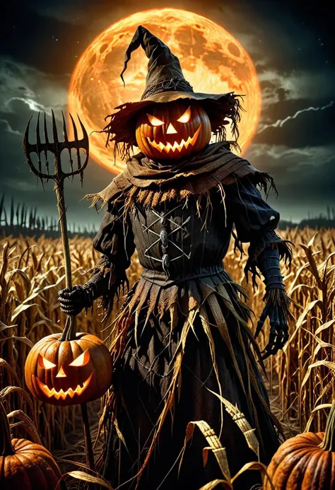 dark fantasy art, dark moody atmosphere, a menacing pumpkin-headed scarecrow looms in a moonlit cornfield, wielding a rusted pit...