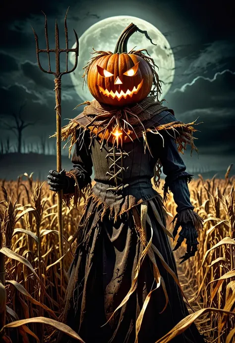 dark fantasy art, dark moody atmosphere, a menacing pumpkin-headed scarecrow looms in a moonlit cornfield, wielding a rusted pit...