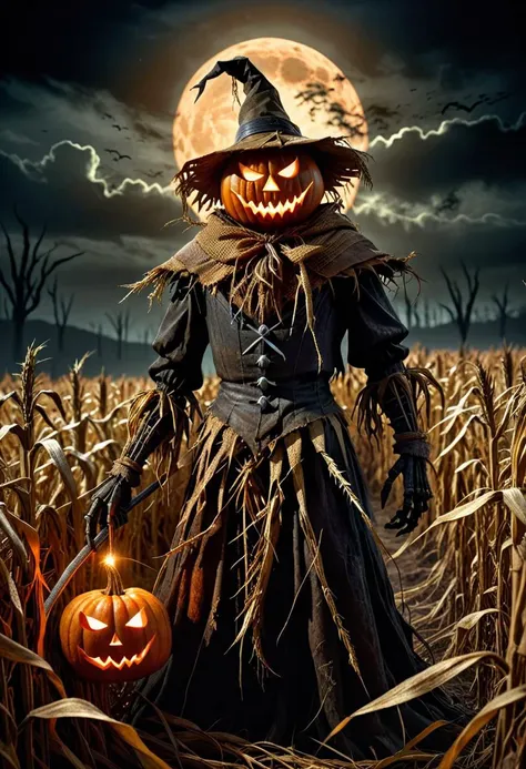 dark fantasy art, dark moody atmosphere, a menacing pumpkin-headed scarecrow looms in a moonlit cornfield, wielding a rusted pit...