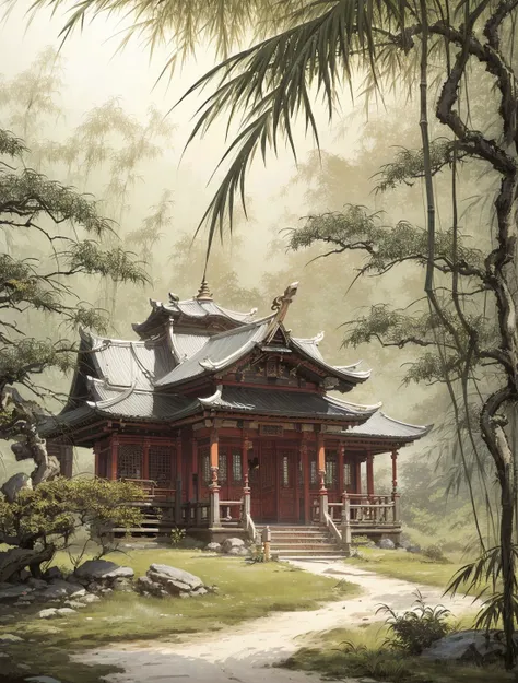 painting of a japanese house in a forest with a path