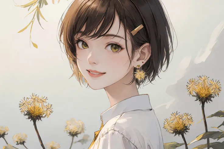 (best quality, masterpiece, highres),1girl,solo,short hair,earrings,hairclip,shirt,seductive smile,looking at viewer,standing,face close-up,dandelion,dandelion background,