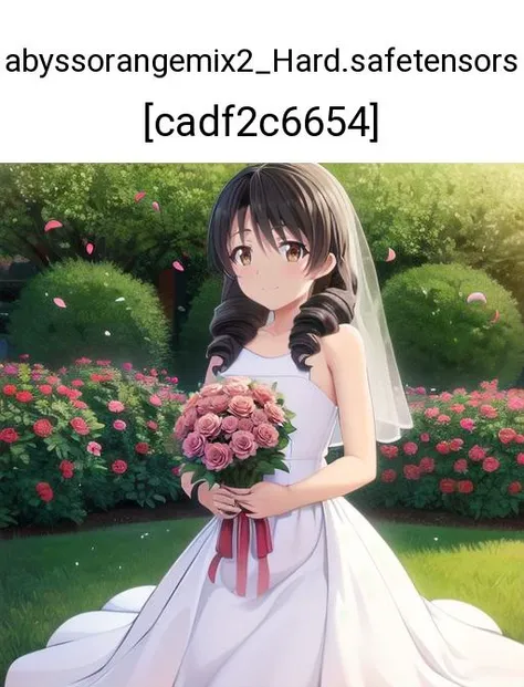 oyasan, dark brown hair, brown eyes, long hair, twin drills, drill hair, flat chest, wearing a wedding dress with a veil, happy, holding a large bouquet of red roses, outdoors, nature, beautiful garden of flowers, flowers in the background, flower beds, ar...