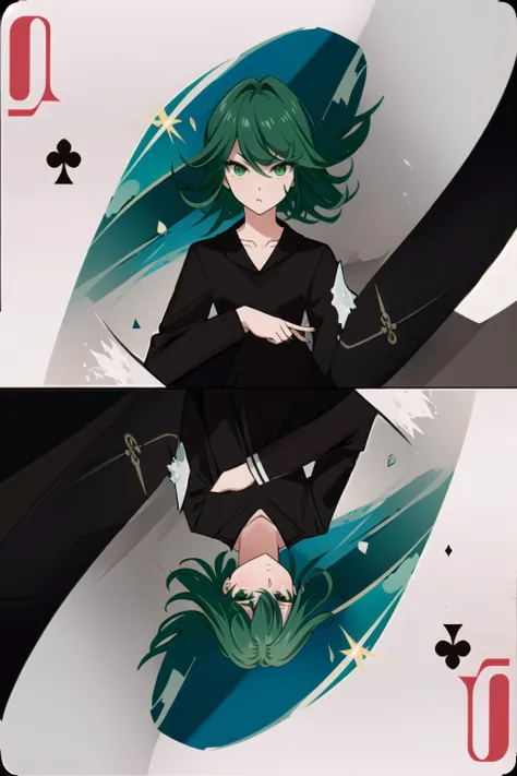 masterpiece, best quality, ultra-detailed, illustration, epic lighting, cinematic composition, isometric, 2girls, tatsumaki, card (medium), flat chest, black dress, long sleeves, green eyes, glowing eyes, closed mouth, piercing gaze, annoyed, (rich in deta...