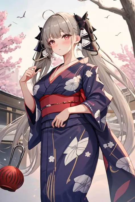 best quality, masterpiece, highres, solo, {yukata:1.40}, {kimono:1.20}, {formidable_azurlane:1.15}, long_hair, red_eyes, bangs, twintails, breasts, large_breasts, ribbon, grey_hair, very_long_hair, hair_ribbon, blush, cleavage, two-tone_ribbon, between_bre...