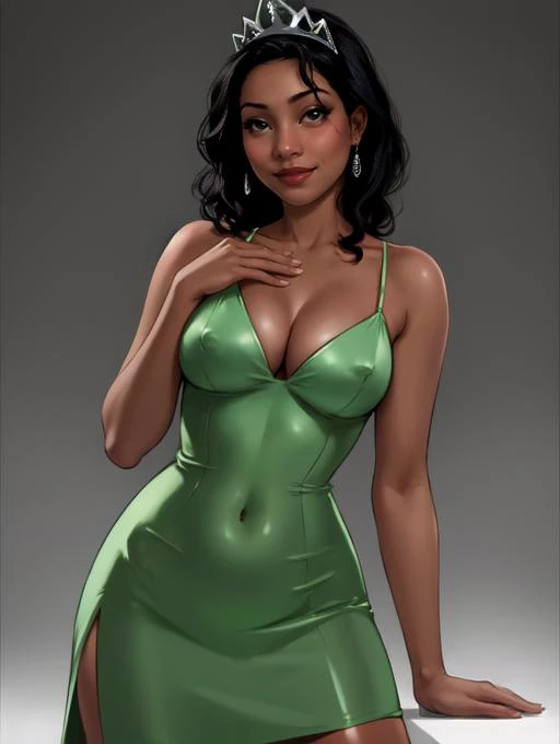 <lora:Tiana_character:0.5>,tianawaifu,1girl,black hair,very dark skin,african american,solo BREAK [SEP],
skimpy green dress,tiara,high heels,sexy green dress BREAK [SEP],
(deep plunging neckline, cleavage,bare shoulders, revealed cleavage,exposed medium br...