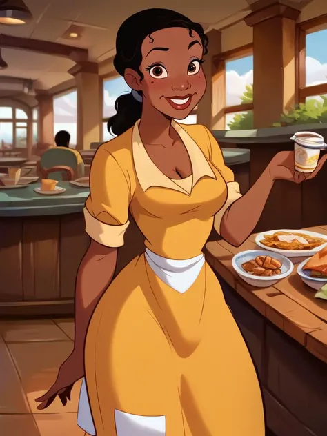 disney princess belle holding a cup of coffee and a plate of food