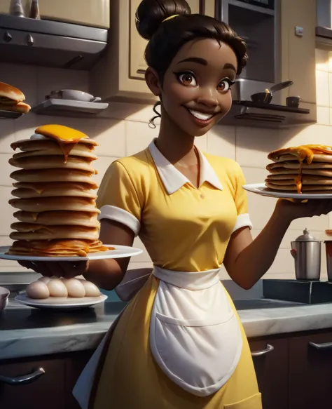 disney princesses are holding up pancakes in a kitchen