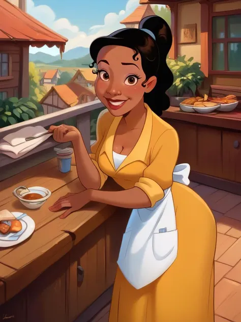 a cartoon of a woman in a yellow dress is eating food