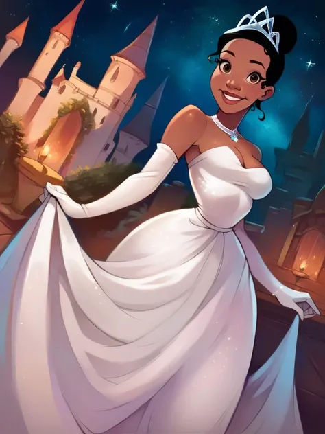 a cartoon image of a woman in a white dress and tiable