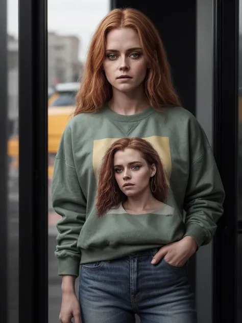 a woman with red hair wearing a green sweatshirt and jeans