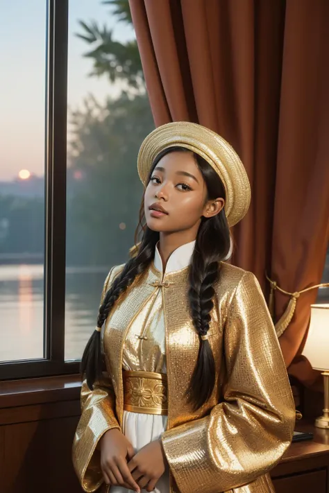 a woman in a gold dress and hat standing by a window