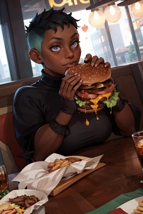 (masterpiece, best quality, 4k, detailed, intricate, realistic),pov across table,holding a huge burger with both hands, two-handed burger,close-up,booth seating,in restaurant,1girl,rileyfairfeather,piercing, undercut, freckles, dark skin,happy  <lora:riley...