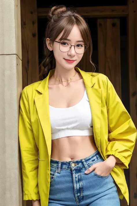 a woman in a yellow jacket and jeans posing for a picture