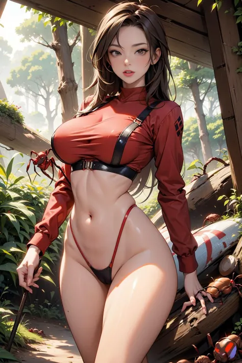 <lora:AntWorld:1> (AntWorld:0.9)1woman wearing a red shirt and yellow  (sexy, skinny, big breasts, :1.3) walking in the forest near a river <lora:highleg_panties_v0.1:1> panties, highleg panties