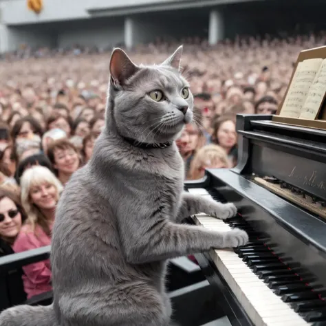 A gray cat playing piano to a crowd of thousands