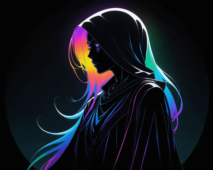 rainbow colored silhoutte outline against a dark background, a female reaper, anime, magical fantasy, universe, inspired by Maria Kreyn, Crystal, inverted, negative space