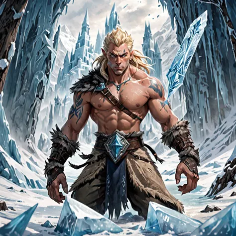 Action scene, dynamic pose, firm stance, combat stance, 
Focus on (Sorcerer, Ruler, Average Height, Solid, Triangular Face, Tan Skin, Blonde Hair, black Eyes, Short Nose, Full Lips, Receding Chin, Stubble, Shoulder-length, Mohawk, A frozen tundra, with icy...