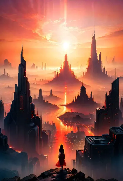 A hazy, otherworldly sunset bathes the futuristic metropolis in red and orange hues. The cityscape stretches out to the horizon, towering spires piercing the sky. In the foreground, a solitary figure stands with her back turned to us, gazing at the vista b...