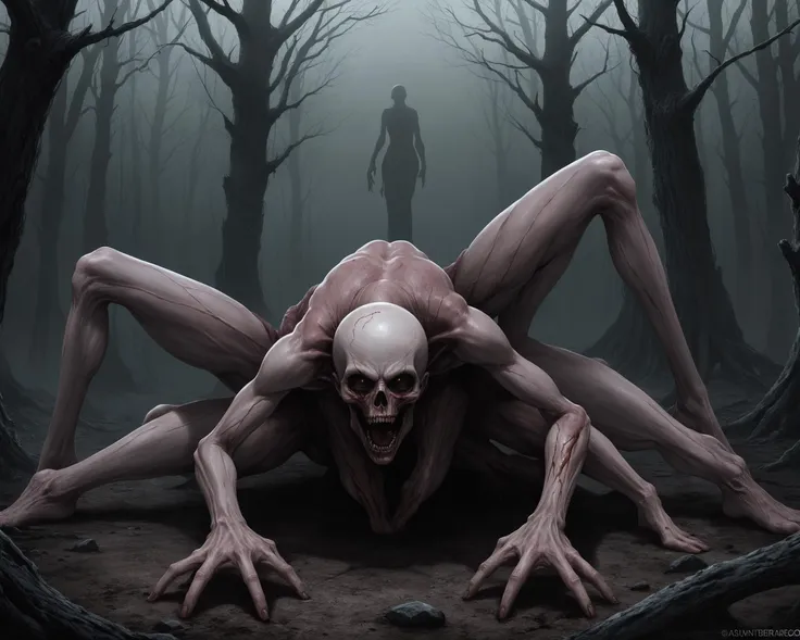 a creepy creature with a skull crawling on its back in a forest