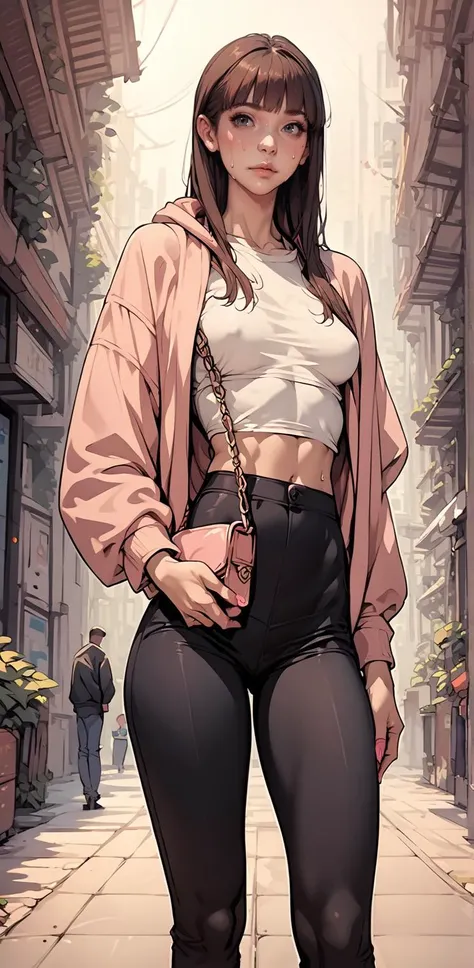 a woman in a white shirt and black pants standing on a sidewalk