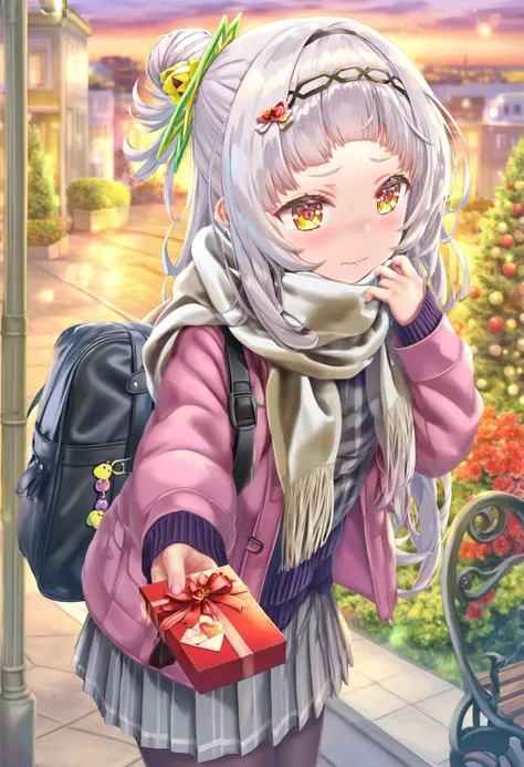 anime girl with a backpack and a gift in her hand