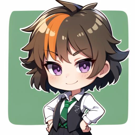 merula, chibi, solo, purple eyes, white shirt, green necktie, black skirt, looking at viewer, smile, cowboy shot, hand on hip,  <lora:chibi1.5v1:0.85> <lora:MerulaSnyde:0.75>