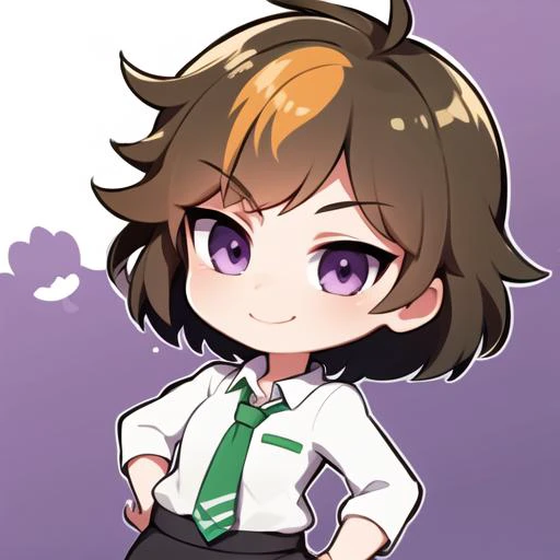 merula, chibi, solo, purple eyes, white shirt, green necktie, black skirt, looking at viewer, smile, cowboy shot, hand on hip,  <lora:chibi1.5v1:0.85> <lora:MerulaSnyde:0.75>