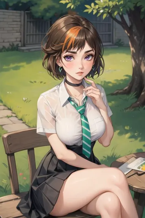 (best quality, ultra detailed), (full-face blush), (detailed background:1.2), (perfect face, detailed face), looking at viewer, (mature female:1.4), merula, 1girl, short hair, messy hair, split-color hair, solo, purple eyes, makeup, eyeshadow, (thick lips:...