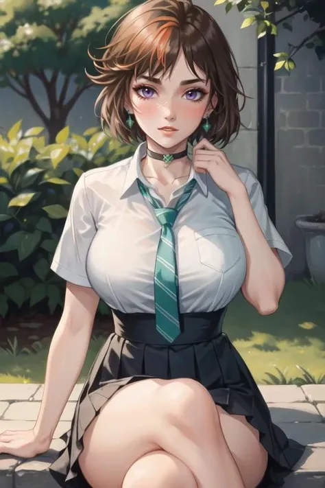 (best quality, ultra detailed), (full-face blush), (detailed background:1.2), (perfect face, detailed face), looking at viewer, (mature female:1.4), merula, 1girl, short hair, messy hair, split-color hair, solo, purple eyes, makeup, eyeshadow, (thick lips:...