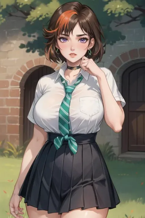 (best quality, ultra detailed), (full-face blush), (detailed background:1.2), (perfect face, detailed face), looking at viewer, (mature female:1.4), merula, 1girl, short hair, messy hair, split-color hair, solo, purple eyes, (thick lips:1.4), waist, narrow...