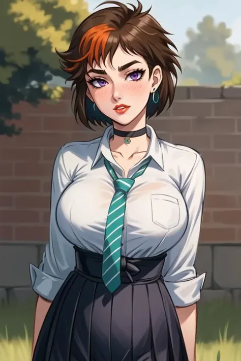 (best quality, ultra detailed), (full-face blush), (detailed background:1.2), (perfect face, detailed face), looking at viewer, (mature female:1.4), merula, 1girl, short hair, messy hair, split-color hair, solo, purple eyes, (thick lips:1.4), waist, narrow...