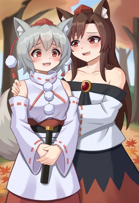 two anime girls in costumes standing next to each other