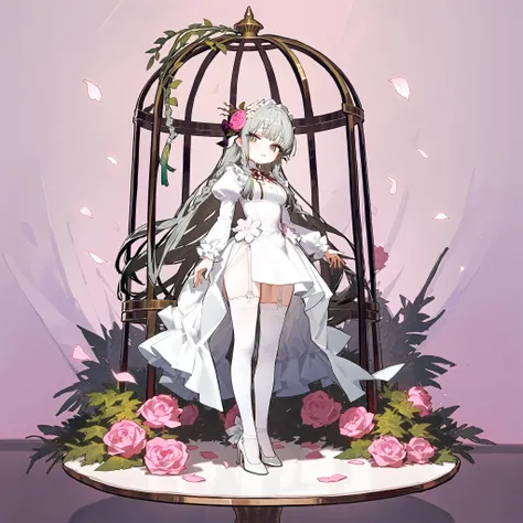 [transparent background, ::0.425],masterpiece, best quality,ningen_mame,ciloranko,sho_(sho_lwlw),tianliang duohe fangdongye,rhasta,
1girl, solo, long hair, dress, flower, birdcage, full body, cage, white dress, long sleeves, garter straps, puffy sleeves, h...