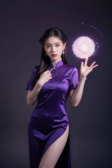 highres, 8k, absurdres, solo, 1girl, SpiderPig,  (looking at viewer:1.1), earrings, simple background, <lora:JP_Girl-000011:0.1>, Traditional Chinese clothes,  (purple electricity:1.4), purple aura, dark purple lightning, (condense energy:1.3) in her hands...