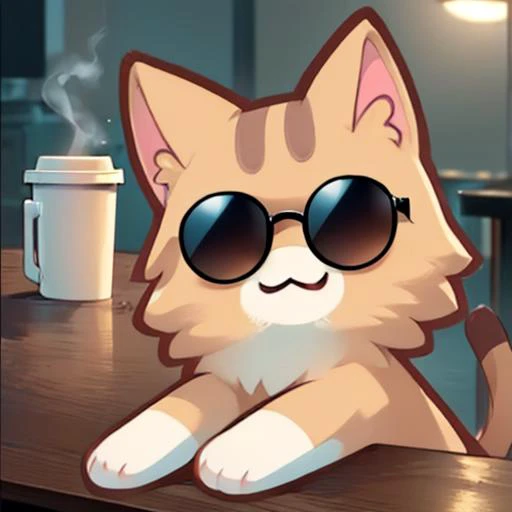 cartoon cat with sunglasses sitting on a table next to a cup of coffee