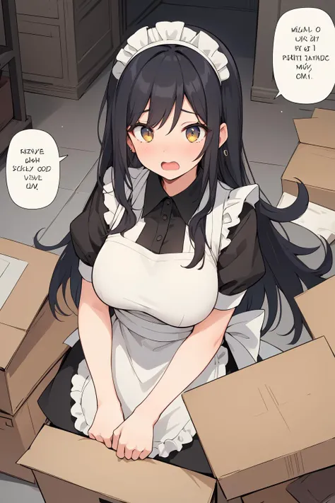 masterpiece, best quality, hires, 1girl, (((milf, mature female, age 40))), maid, long hair, earrings, exclamation mark, ((surprised)), speech bubble, cardboard boxes, from above