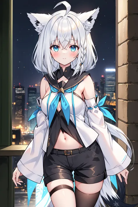 anime girl with white hair and blue eyes standing in front of a window