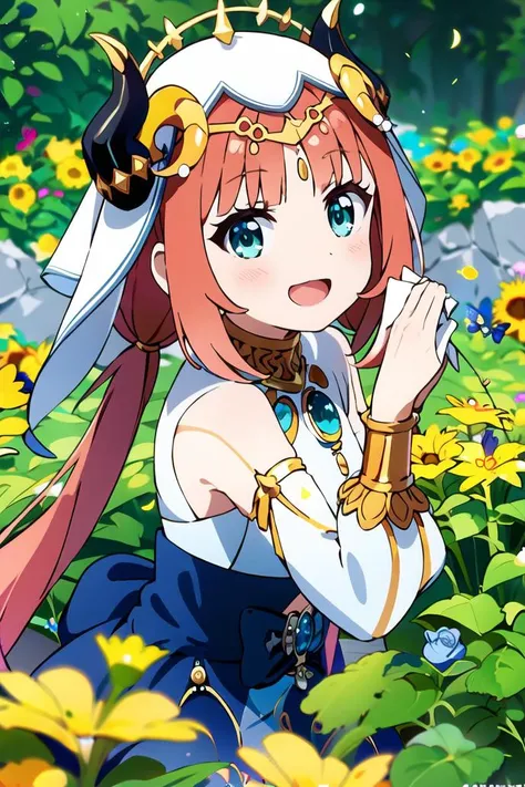 anime screencap, upper body, solo focus,
looking at viewer, :d, open mouth, smile 
beautiful, elegant,
<lora:nilouGenshinImpact_v10:1> nilou (neither flower nor mist) (genshin impact), aqua eyes, fake horns, red hair, long hair, crop top, jewelry, horns, v...